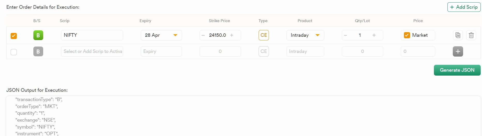 Dhan order configuration table with NIFTY 28 Apr 24150 CE, Intraday product, 1 lot, Market order