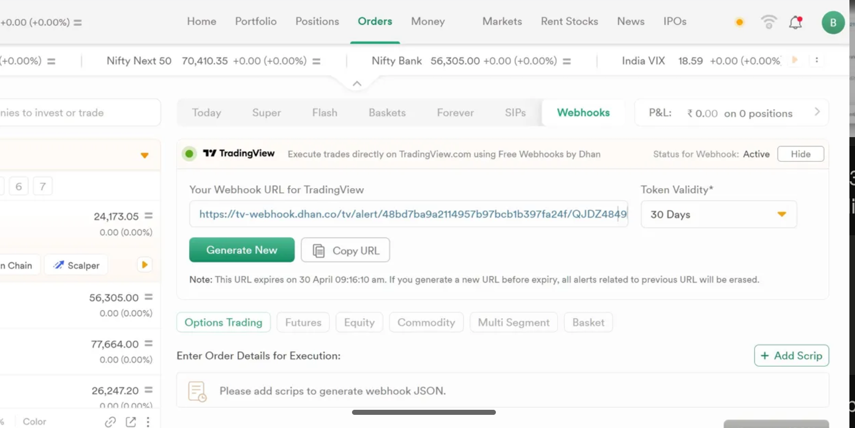Dhan Orders page with Webhooks tab active, showing the TradingView integration card