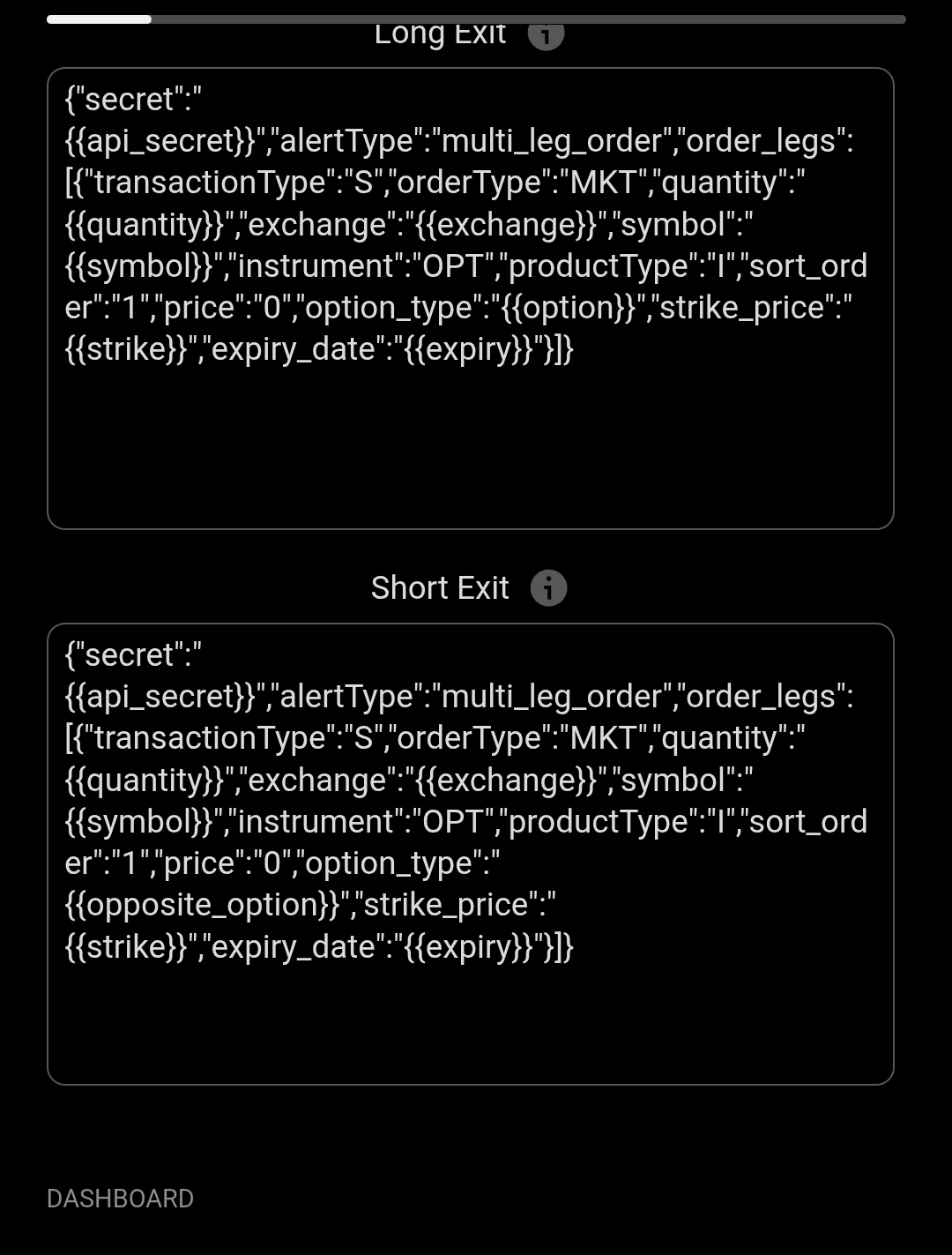 Pine Script strategy input dialog showing Long Exit and Short Exit JSON alert templates with transactionType set to S for closing positions